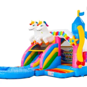 Springkussen Unicorn met dubbele glijbaan en klein zwembadje