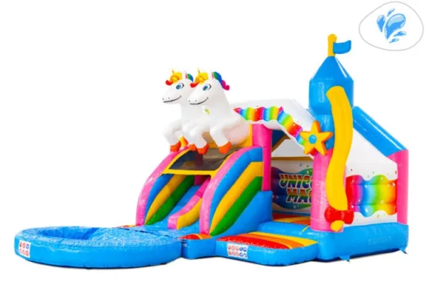Springkussen Unicorn met dubbele glijbaan en klein zwembadje