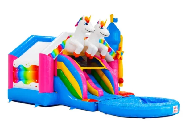 Springkussen Unicorn met dubbele glijbaan en klein zwembadje - Afbeelding 5